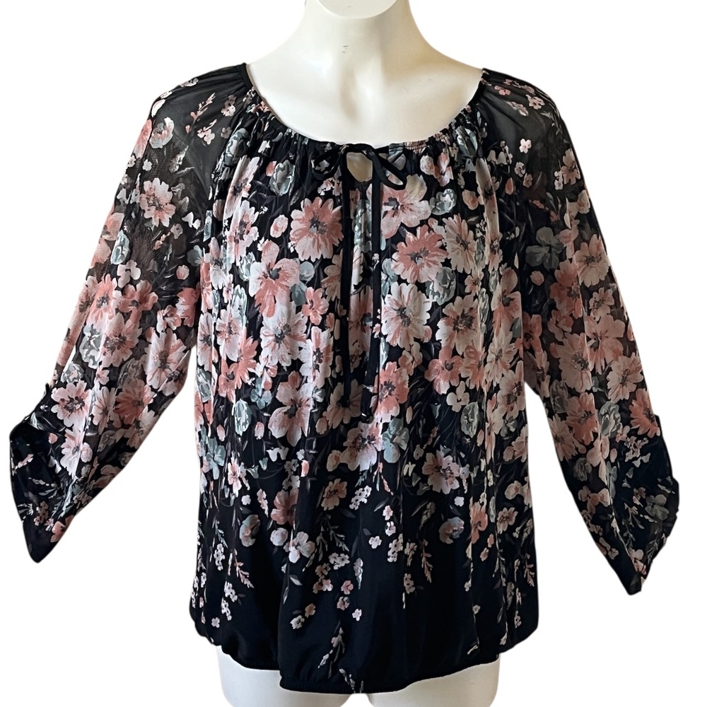 ROZ & ALI Top Floral Border Bubble Hem Black Blush Mint Dressbarn Plus Size 1X